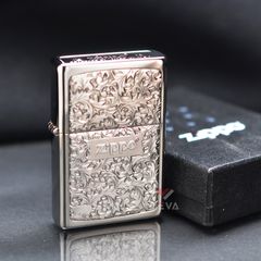 Zippo 2 Mộc Đáy Bottom Up Hoa Văn Silver Plate Titanium Coating ZN159