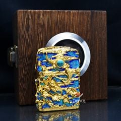 Zippo Ốp Nổi Cá Chép Đầm Sen Mạ Vàng Đính Lam Ngọc ZN90