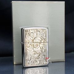 Set Zippo 1995 silver plate hoa văn mạ vàng C10