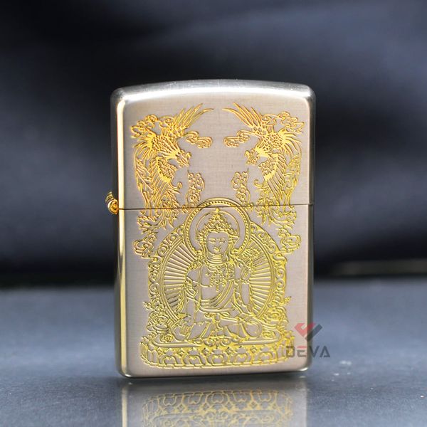 Bật Zippo Mỹ xuất Nhật hình phật khắc ăn mòn mạ vàng Z86