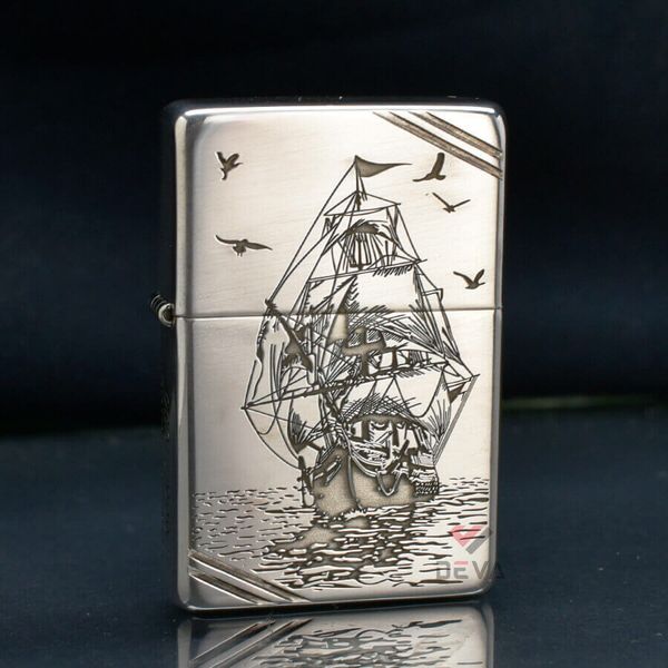 Zippo Bạc Khối Chặt Góc Khắc Hình Thuyền Buồm BK29