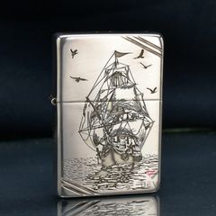 Zippo Bạc Khối Chặt Góc Khắc Hình Thuyền Buồm BK29
