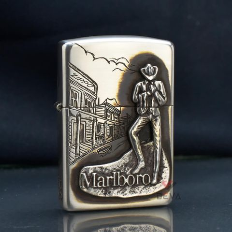 Zippo Bạc Khối Ốp Emblem Chàng Cao Bồi Marlboro BK40