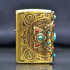 Zippo khắc Totem thổ dân Anh Điêng ốp Emblem mã não xanh ngọc ZN323
