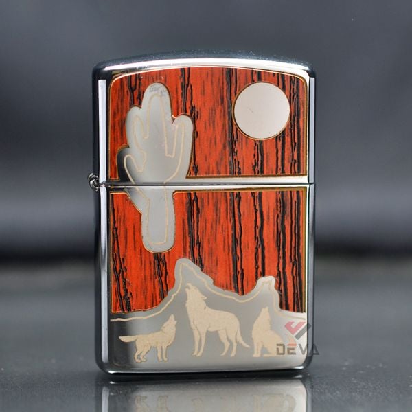 Zippo Armor Ốp Gỗ Chủ Đề Chó Sói Hú Trăng Bản Giới Hạn ZN347