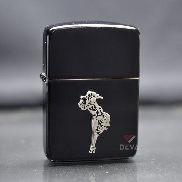 Zippo Tái Bản 1941 Đen Bóng Ốp Emblem Cô Gái Windproof ZN350