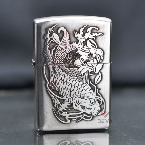 Bật lửa Zorro Bạc Khối Khắc Hình Cá Chép Đầm Sen ZBK01