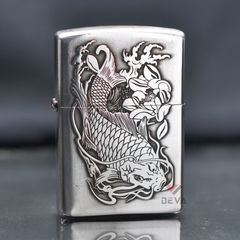 Bật lửa Zorro Bạc Khối Khắc Hình Cá Chép Đầm Sen ZBK01