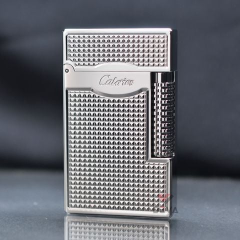 Bật lửa Calories 2 Lửa Hoa Văn Ô Vuông 3D Bạc CL-S02