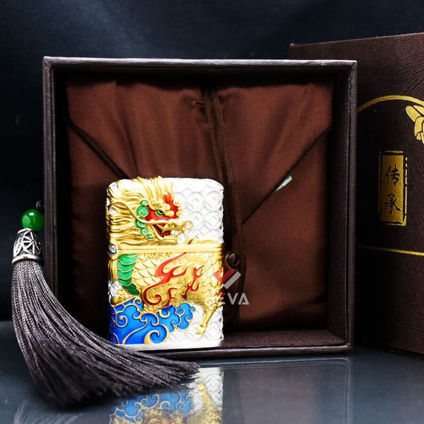 Zippo Vỏ Dày Ốp Nổi Kỳ Lân Đầu Rồng ZN84