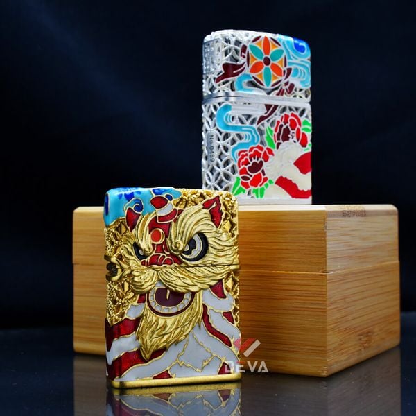 Zippo Bọc Lưới Mạ Vàng Đầu Lân Sư Rồng Cầu Tài Lộc ZN147