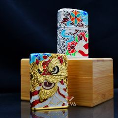 Zippo Bọc Lưới Mạ Vàng Đầu Lân Sư Rồng Cầu Tài Lộc ZN147