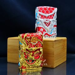Zippo Bọc Lưới Mạ Vàng Hổ Múa Lân Sư Rồng ZN150