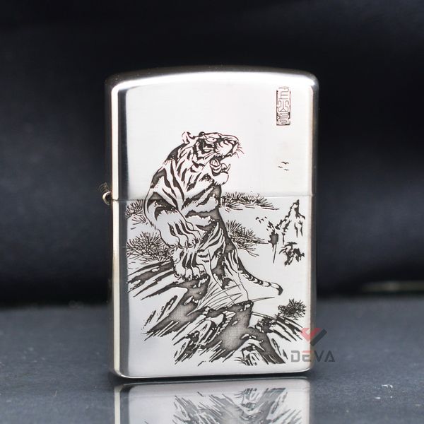 Bật lửa chính hãng Zorro Bạc Khối Khắc Hình Hổ Núi ZBK05