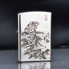 Bật lửa chính hãng Zorro Bạc Khối Khắc Hình Hổ Núi ZBK05