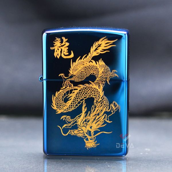 Zippo Xanh Sapphire Khắc Hình Rồng Bay Mạ Vàng ZK07