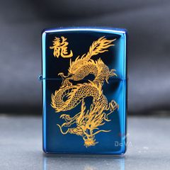 Zippo Xanh Sapphire Khắc Hình Rồng Bay Mạ Vàng ZK07