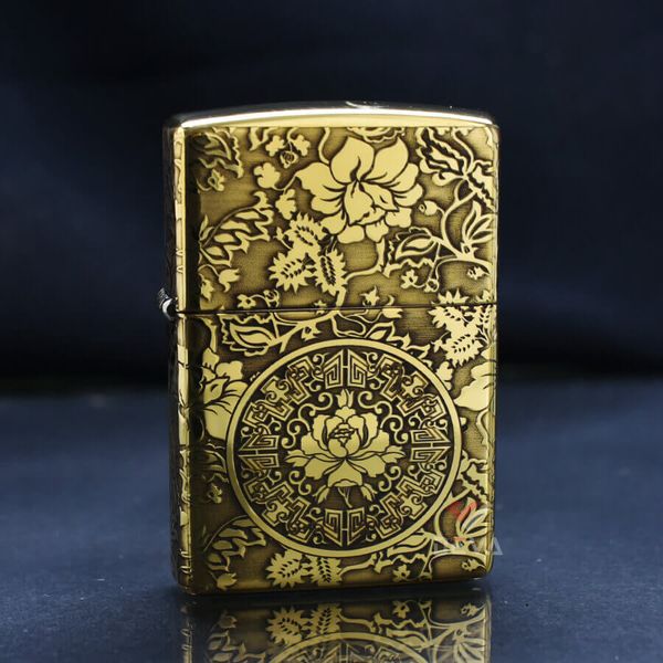 Zippo Vàng Khắc Nổi Hoa Mẫu Đơn ZK60