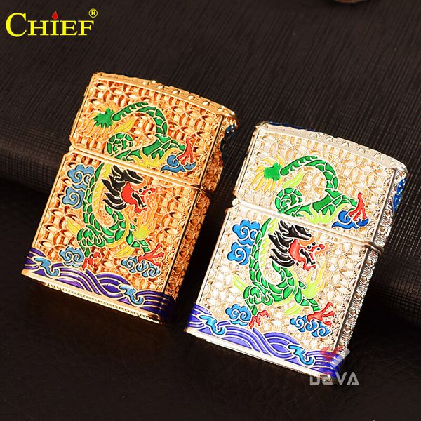 Bật lửa xăng đá Chief bọc lưới hoa văn chủ đề rồng xanh CF1269-1270