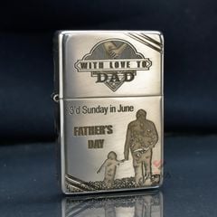 Zippo Bạc Khối Tái Bản 1937 Vintage Chặt Góc Khắc Chủ Đề Cha Con Father's Day BK04