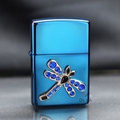 Zippo Xanh Ốp Emlem Cánh Chuồn Chuồn Khảm Đá Z294
