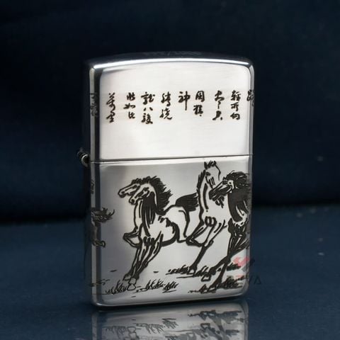 Zippo Bạc Khối Khắc Đàn Ngựa Mã Đáo Thành Công BK10