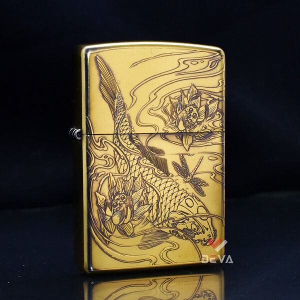 Zippo Khắc Nổi Cá Chép Đầm Sen 2 Mặt ZN80