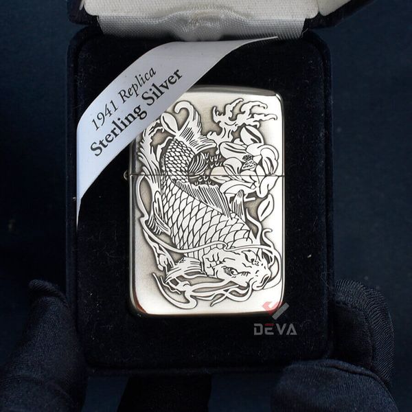 Zippo Bạc Khối Tái Bản 1941 Khắc Cá Chép Đầm Sen BK37