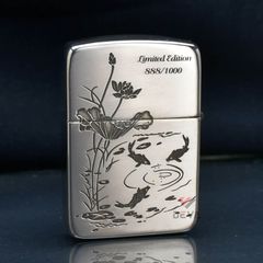 Zippo Bạc Khối Tái Bản 1941 Khắc Cá Chép Đầm Sen BK37