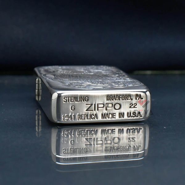 Zippo Bạc Khối Tái Bản 1941 Khắc Cá Chép Đầm Sen BK37