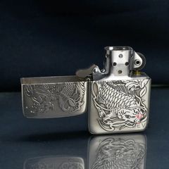 Zippo Bạc Khối Tái Bản 1941 Khắc Cá Chép Đầm Sen BK37