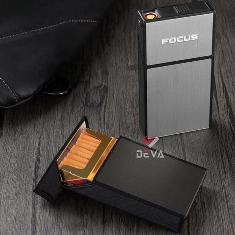Hộp đựng thuốc lá Focus nguyên bao 20 điếu size nhỏ 5.5mm kèm bật lửa điện nhiệt JD YH089