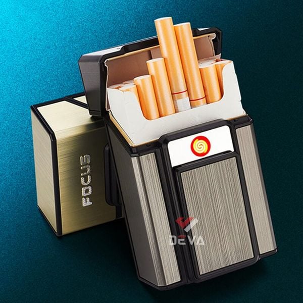 Hộp đựng thuốc lá Focus nguyên bao 20 điếu loại 6.5mm kèm bật lửa điện nhiệt JD YH071