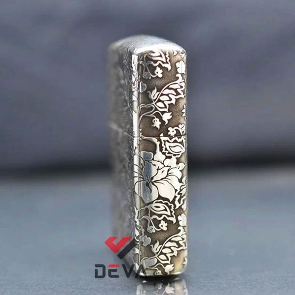 Zippo Bạc Khối Armor Khắc Hình Hoa Mẫu Đơn Các Mặt BK63
