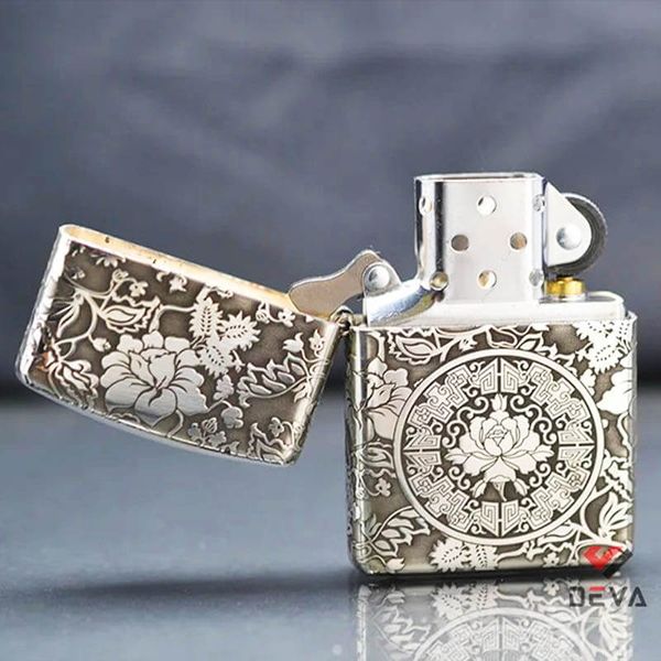 Zippo Bạc Khối Armor Khắc Hình Hoa Mẫu Đơn Các Mặt BK63