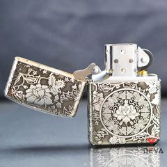 Zippo Bạc Khối Armor Khắc Hình Hoa Mẫu Đơn Các Mặt BK63