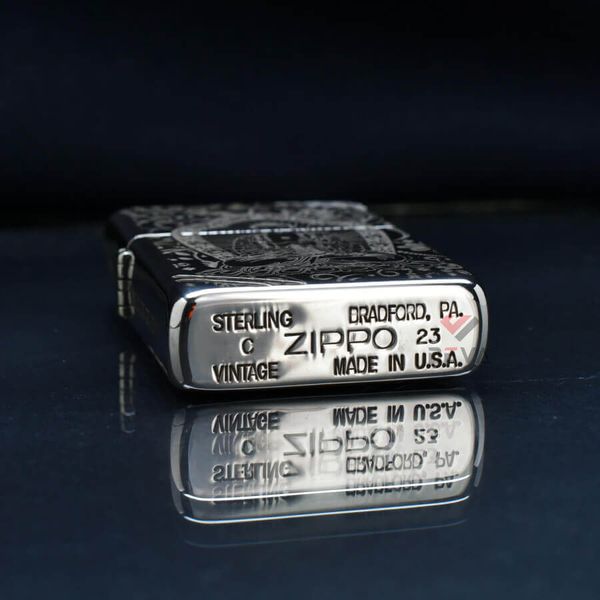 Zippo Bạc Khối Tái Bản 1937 Vintage Chặt Góc Khắc Đức Phật A Di Đà BK86