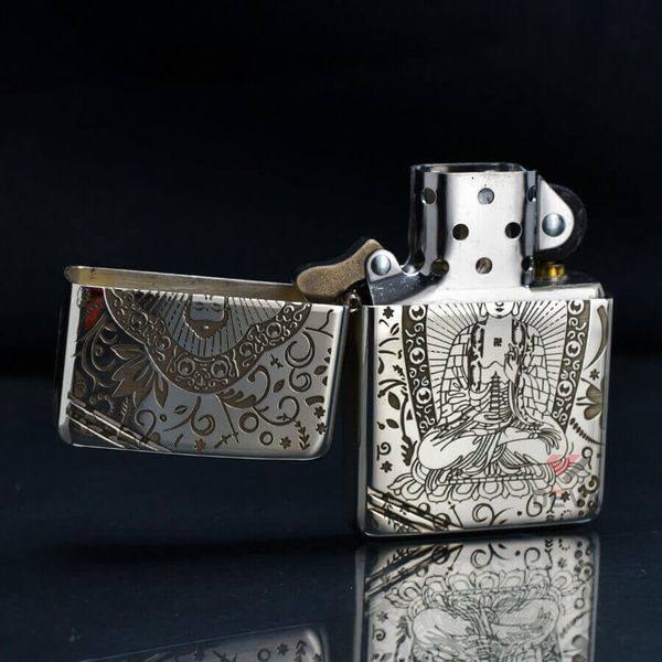Zippo Bạc Khối Tái Bản 1937 Vintage Chặt Góc Khắc Đức Phật A Di Đà BK86