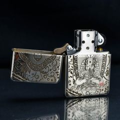 Zippo Bạc Khối Tái Bản 1937 Vintage Chặt Góc Khắc Đức Phật A Di Đà BK86