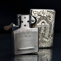Zippo Bạc Khối Tái Bản 1937 Vintage Chặt Góc Khắc Đức Phật A Di Đà BK86