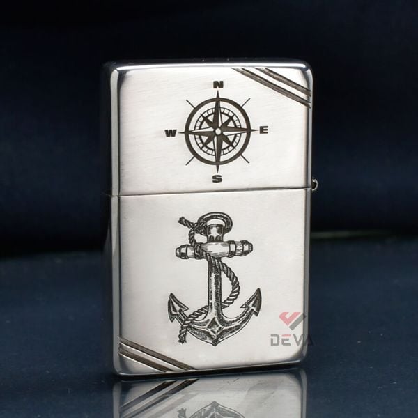 Zippo Bạc Khối Chặt Góc Khắc Hình Thuyền Buồm BK29