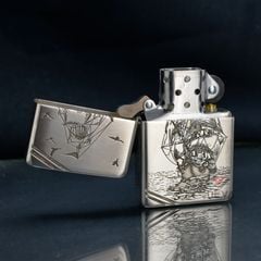 Zippo Bạc Khối Chặt Góc Khắc Hình Thuyền Buồm BK29