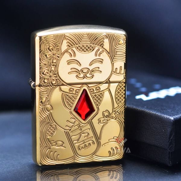 Zippo Armor Mèo Thần Tài Maneki-Neko Ốp Đá Quý Lucky Cat Z133