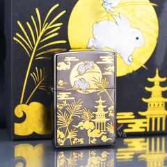 Zippo Bản Giới Hạn Khắc Tranh Mạ Vàng Thỏ Ngọc Dưới Trăng ZN165