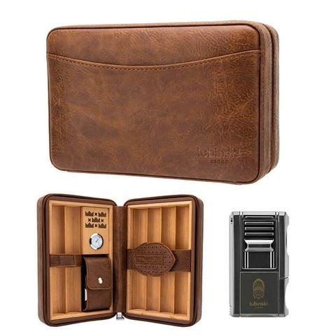 Set bao da Cigar 6 điếu Lubinski kèm bật lửa YJA 50023