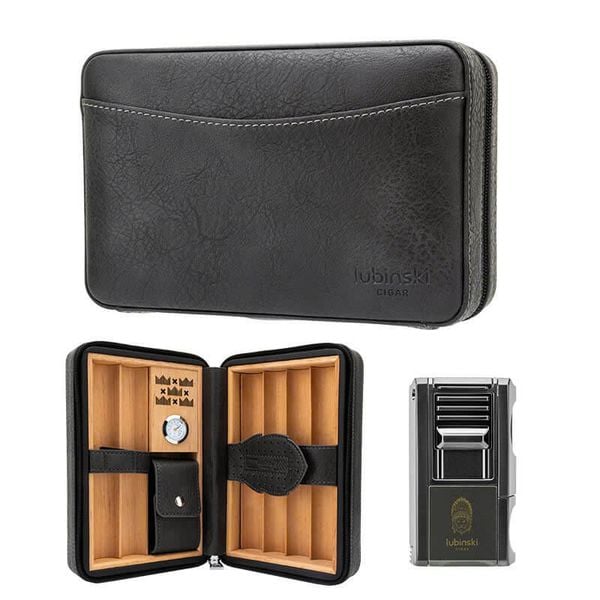 Set bao da Cigar 6 điếu Lubinski kèm bật lửa YJA 50023