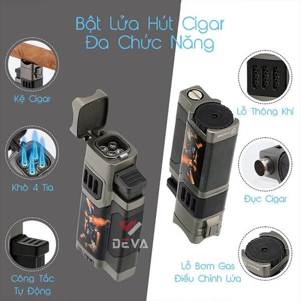 Bật lửa chính hãng Cohiba khò 4 tia kèm đục và kệ Cigar COB 182
