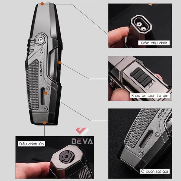 Bật lửa chính hãng Honest khò 2 tia có khóa gas BCZ 3042