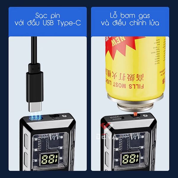 Bật lửa gas sạc điện 2 kiểu lửa đèn LED TH-633