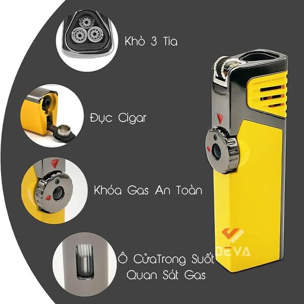Bật lửa khò 3 tia có chốt lửa kèm đục xì gà Jobon ZB 190